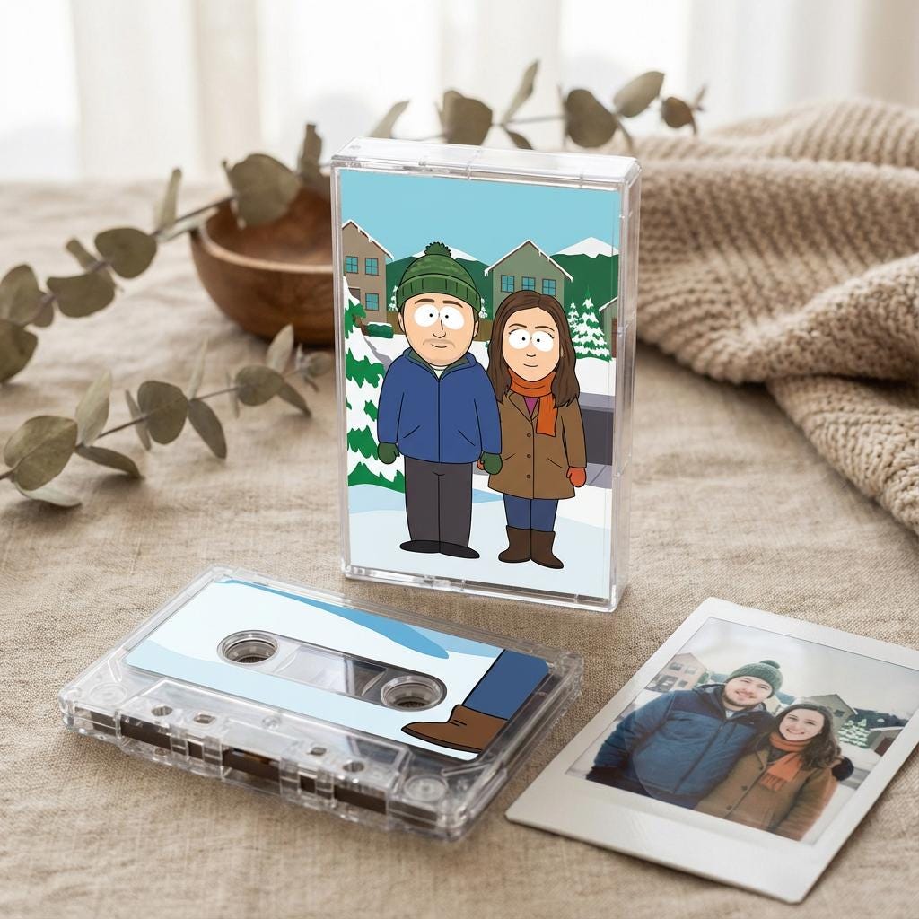 a cassette tape, a framed photo, and some greenery on a table.