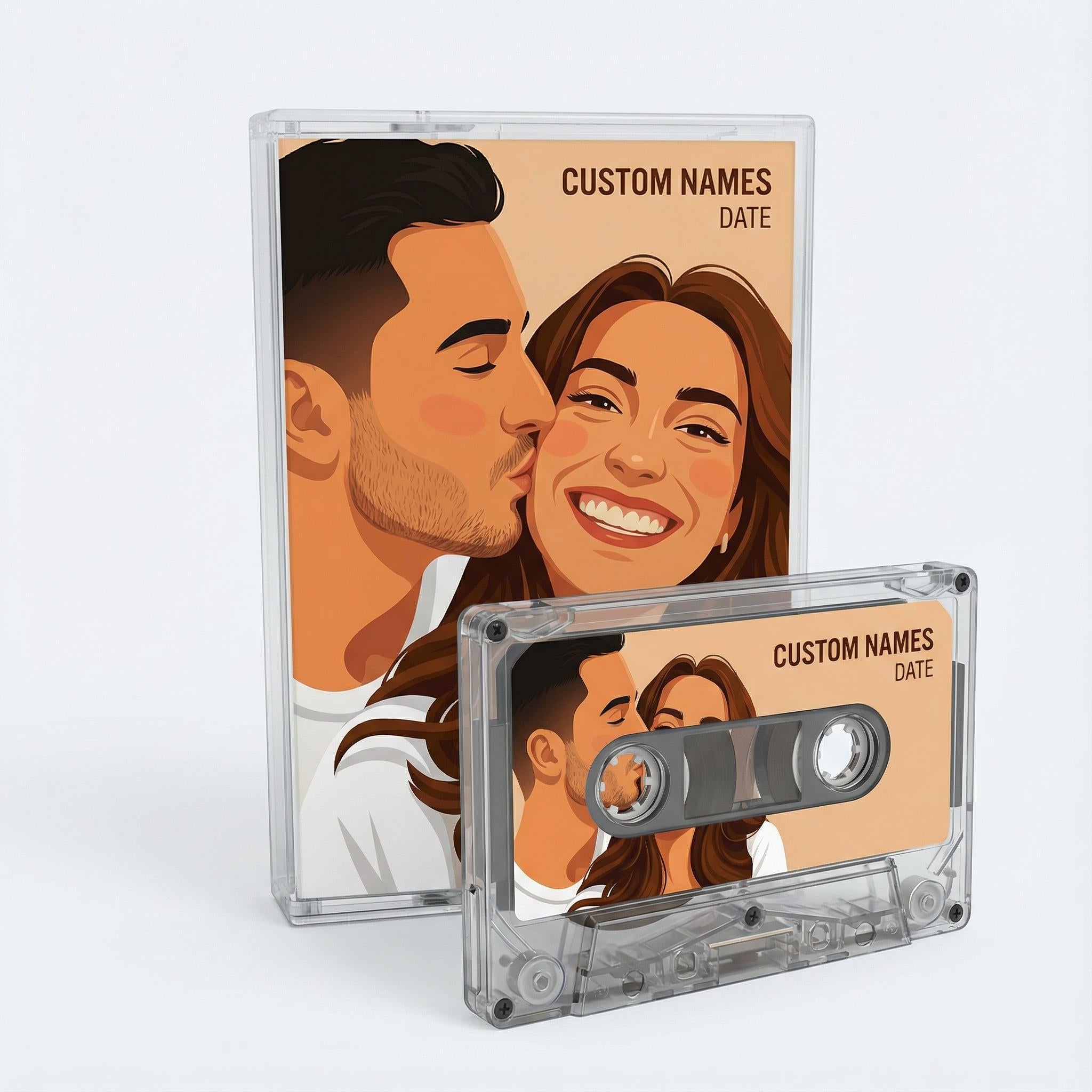 a CD case with an illustration of a smiling couple kissing, along with a cassette tape that appears to be a custom name CD.