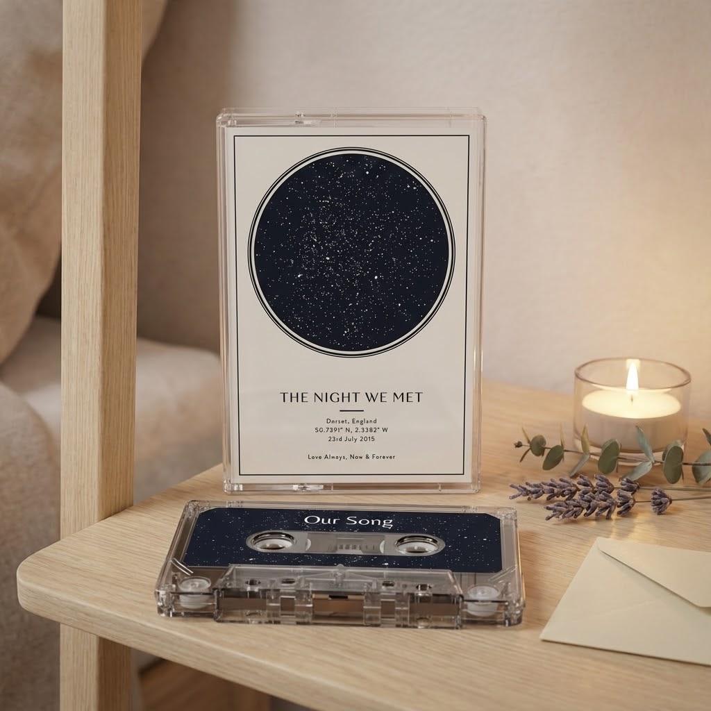 a wooden table with a CD case and a cassette tape, along with a candle and some greenery.