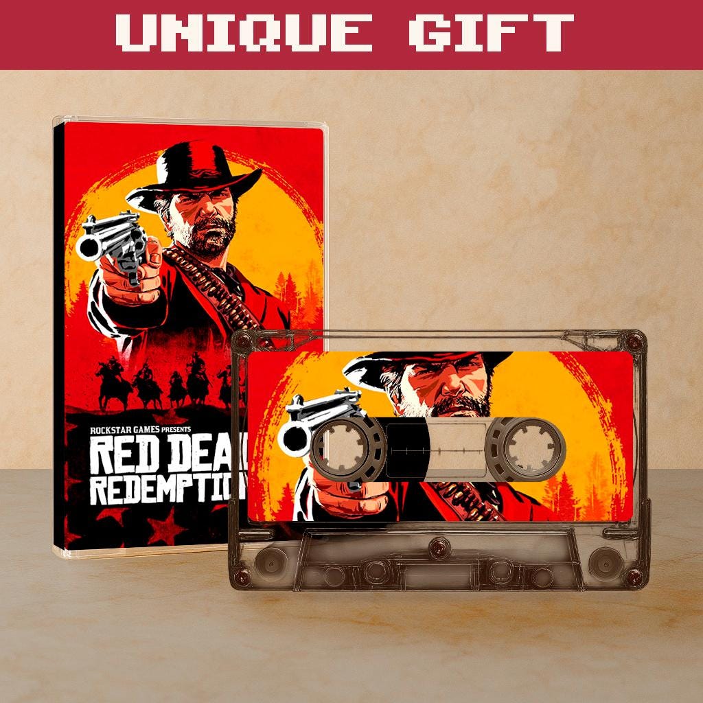 a cassette tape with a movie poster for the video game "Red Dead Redemption" displayed on it.
