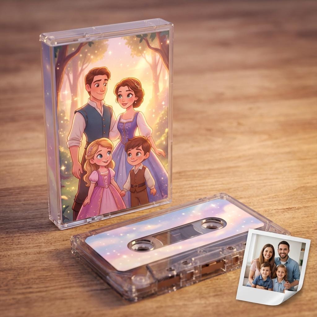 a family portrait of a man, woman, and two children, along with a cassette tape and a Polaroid photo of a family.