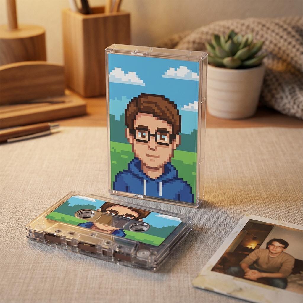 a cassette tape with a pixelated portrait of a man, along with a Polaroid photo of the same man, both placed on a table.