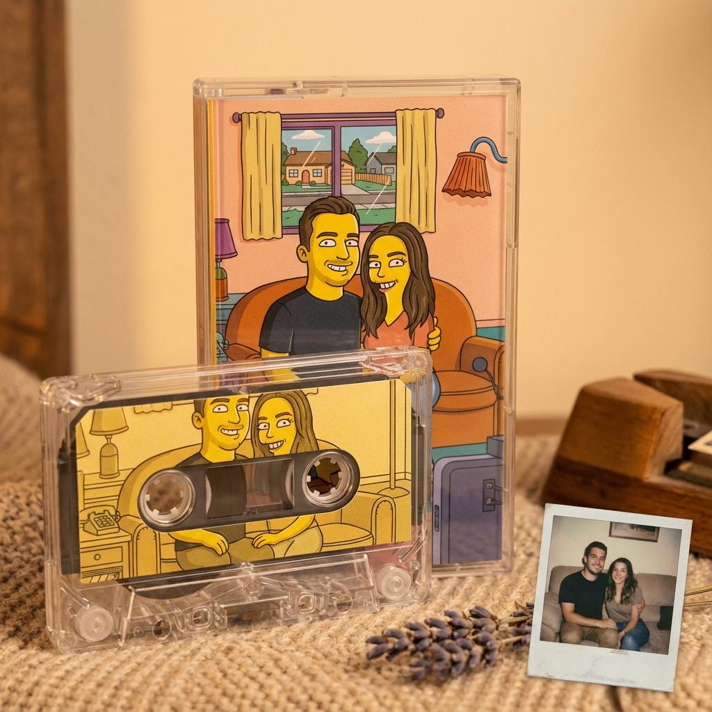 a cassette tape and a Polaroid photo of a couple sitting together, with a cartoon illustration of a man and woman in the background.