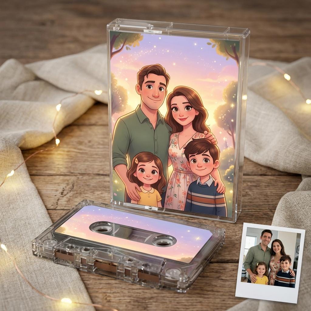 a family portrait of a man, woman, and two children, along with a cassette tape and a small photo of the same family.