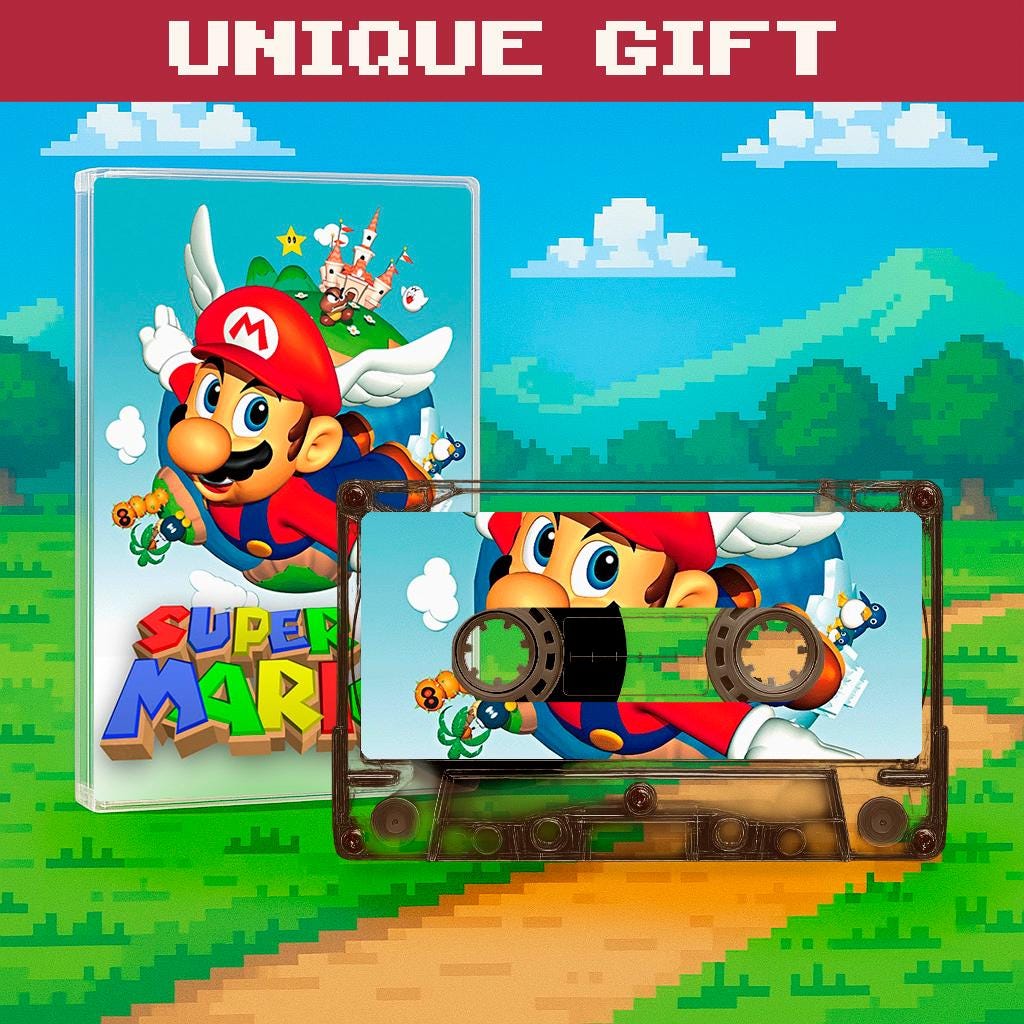 a pixelated scene of Mario, a popular video game character, with a cassette tape in the foreground and a poster of the game behind him.