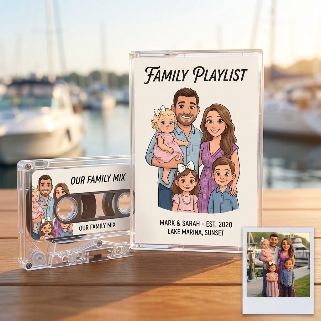a family album with a CD case and a cassette tape, both containing illustrations of a family. The album cover displays a cartoon illustration of a family, and the cassette tape has a CD with a family illustration.