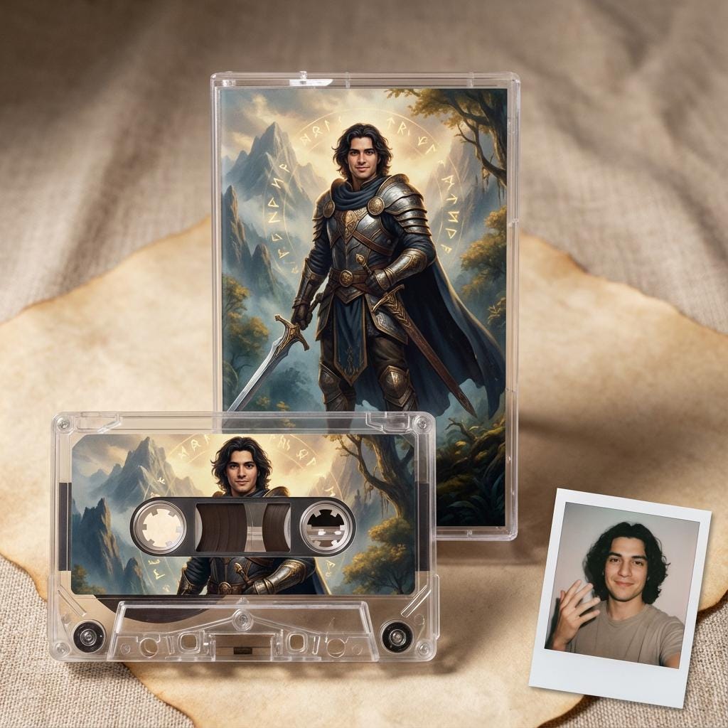 a man in a medieval-style outfit, holding a sword and standing in a forest setting. The man is depicted in a CD case and a Polaroid photo, both of which are related to the theme of medieval fantasy.