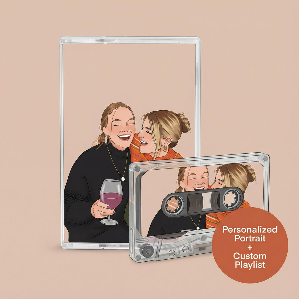 The image is a collage of two photos featuring two women, one holding a glass of wine and the other holding a microphone, with a cassette tape in the foreground.