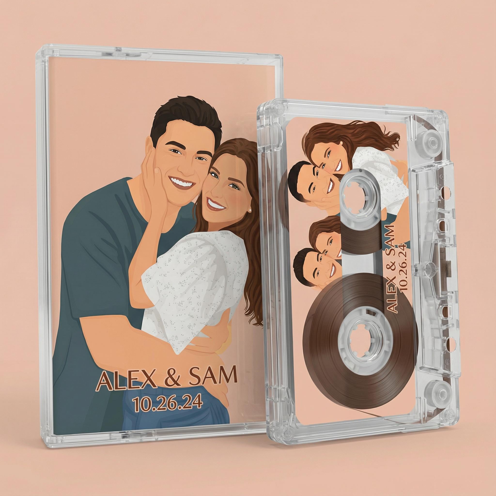 a couple embracing, with a cassette tape visible on the right side.