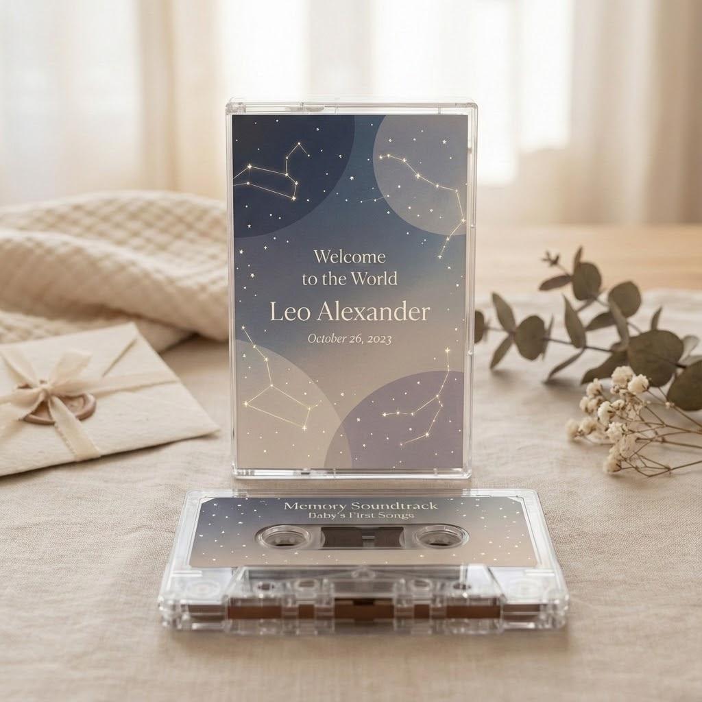 a welcome CD for Leo Alexander, with a starry night sky design, placed on a table with a beige cloth and some greenery.