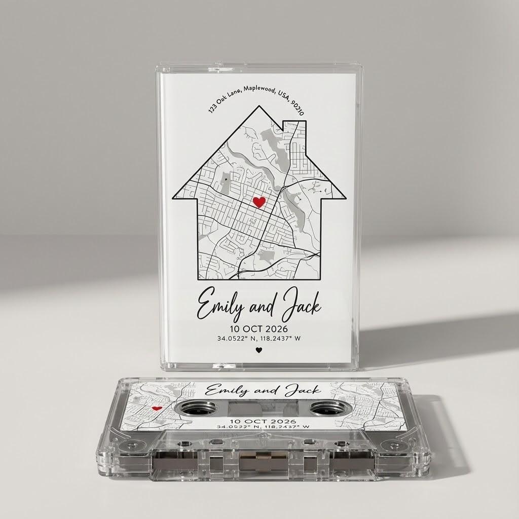 a cassette tape and a map of a house, with the text " Emily and Jack" printed on the cassette tape and the map.