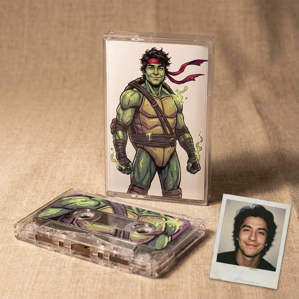 a cassette tape and a Polaroid photo of a man.