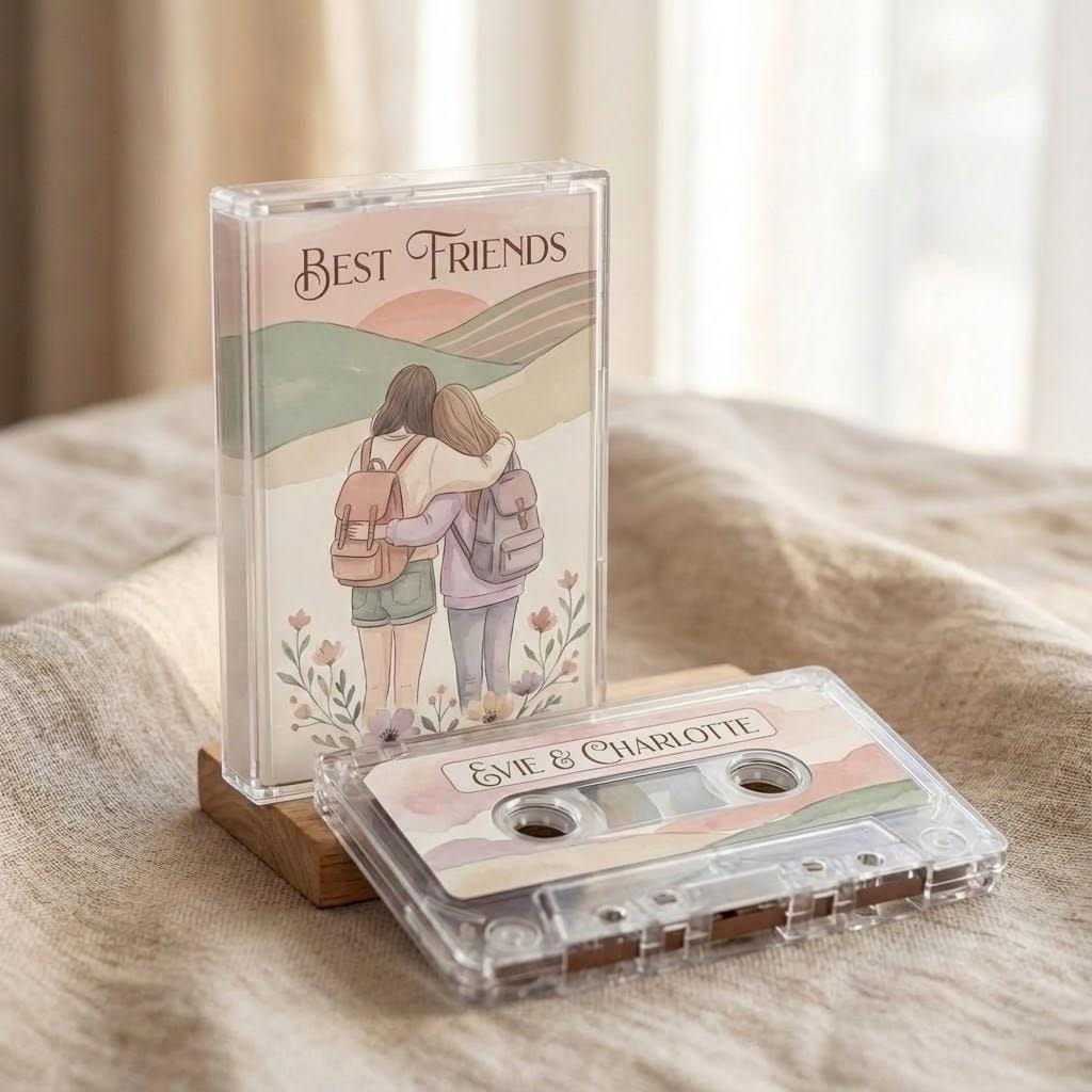 A cassette tape labeled "Best Friends" and a CD case featuring an illustration of two girls embracing, both with backpacks, are placed on a beige fabric surface.