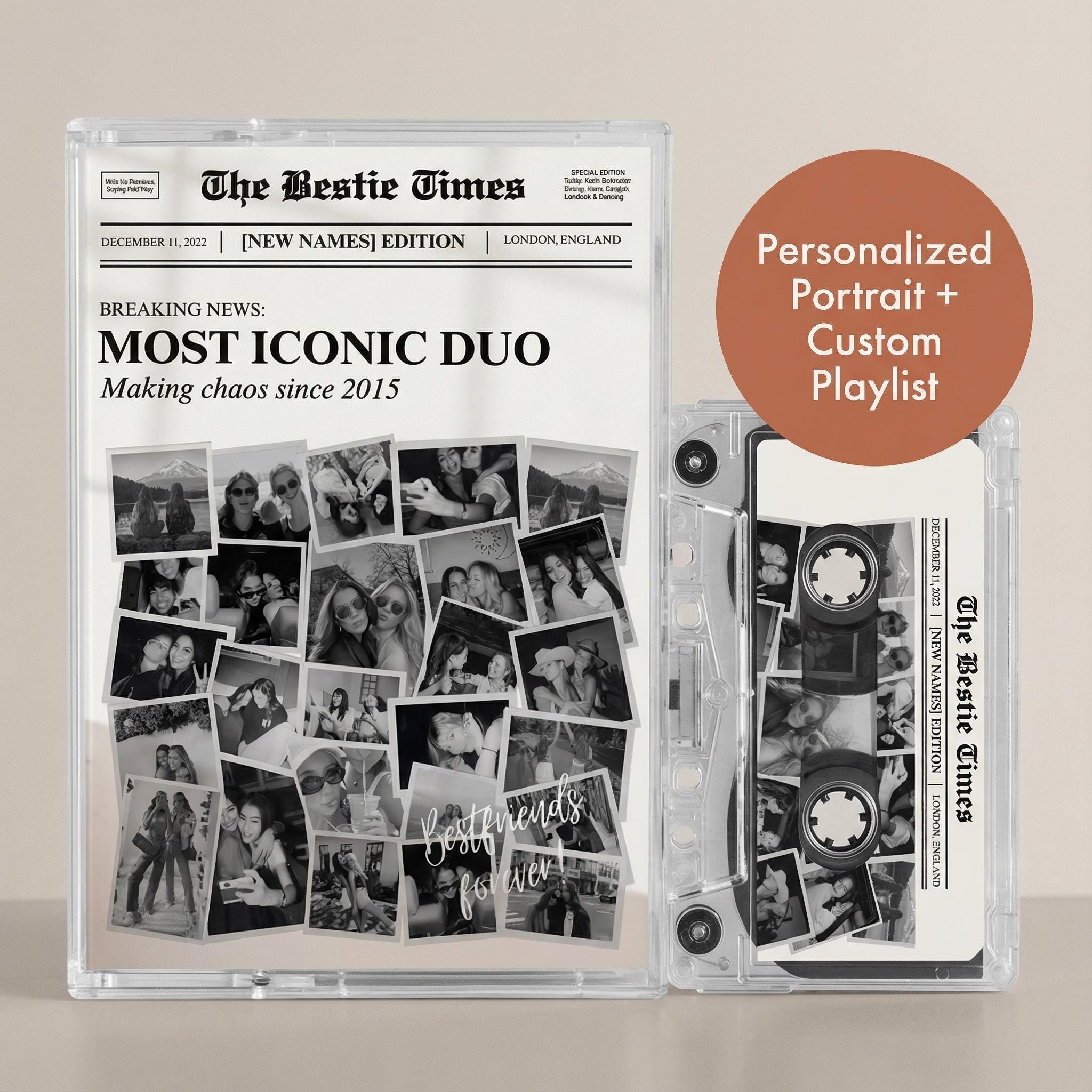 The image is a CD case for "The Bestie Times" magazine, featuring a collage of black and white photographs arranged in a grid-like pattern. The cover of the CD case has text that reads "The Bestie Times" and "NEW NAMES EDITION" along with "London, England" and "MOSTIC NUO" indicating the content of the CD. The CD case also includes a personalized portrait and a custom playlist, suggesting it is a gift or a personalized item.