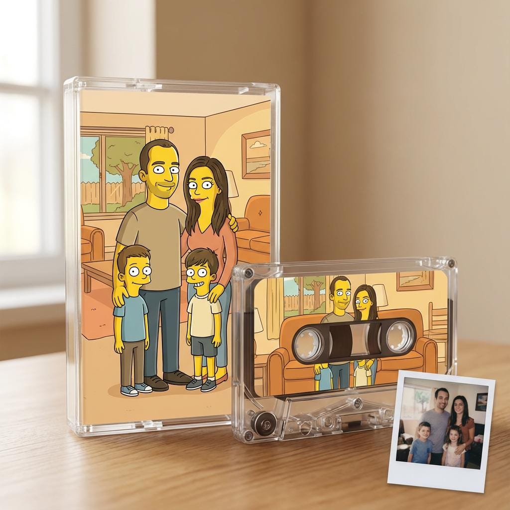 a family portrait of a man, woman, and two children, along with a cassette tape and a Polaroid photo of the same family.