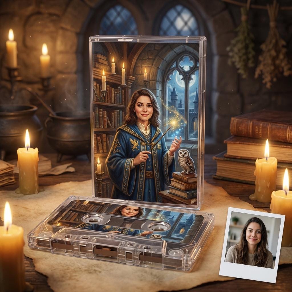 a woman in a blue robe holding a wand and an owl, surrounded by candles and books, with a cassette tape in front of her.