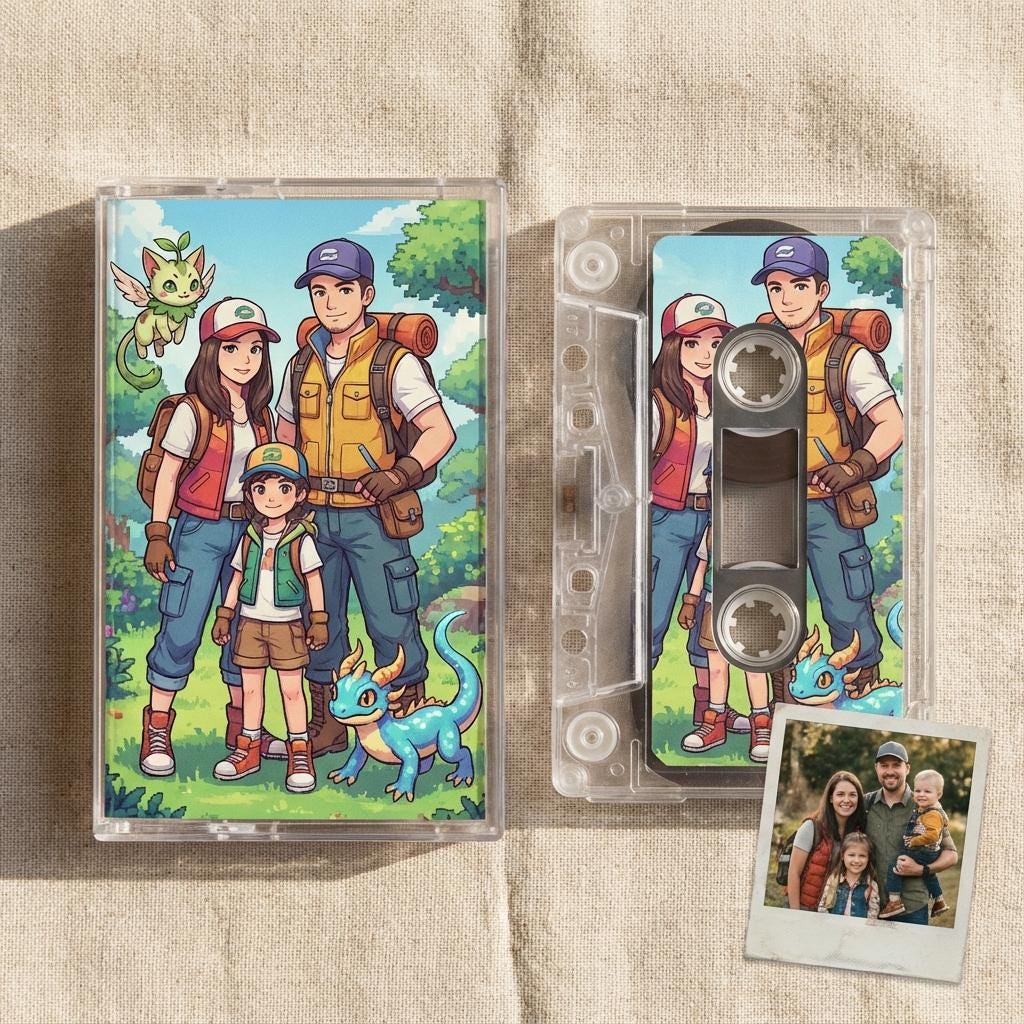 a family portrait with a cartoon-style illustration of a man, woman, and child, along with a small dragon and a backpack.