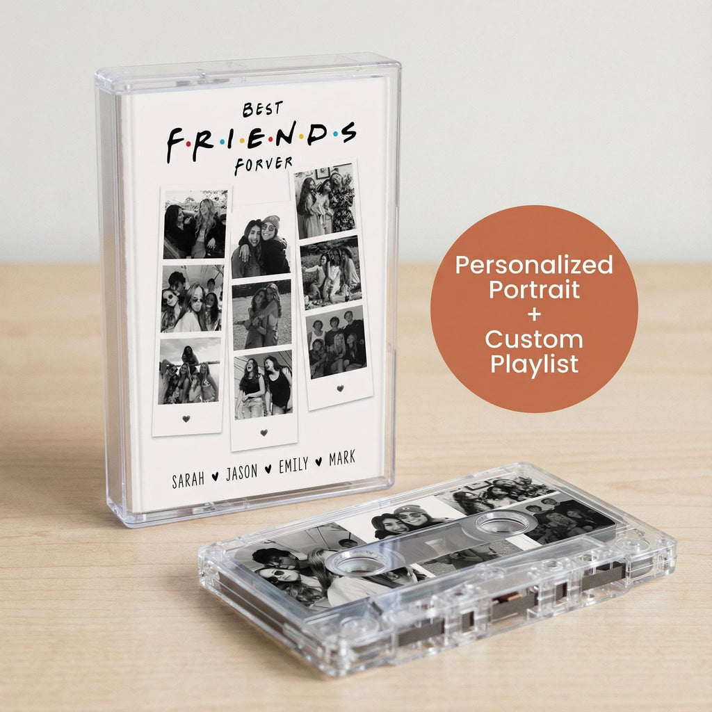 a personalized portrait album with a CD case and a cassette tape, both placed on a wooden surface.
