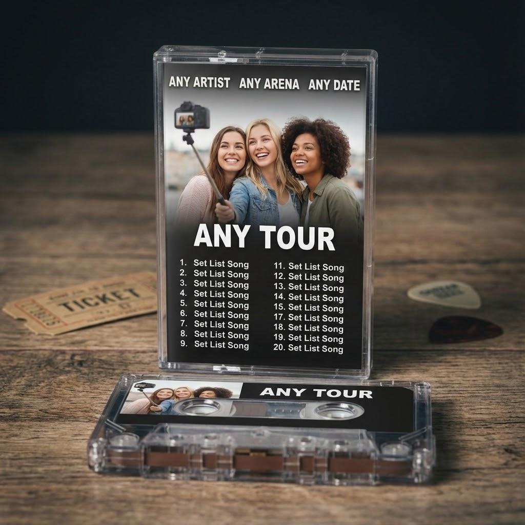 a CD case for "Any Tour" with a list of songs on it, along with a cassette tape and a guitar pick on a wooden surface.