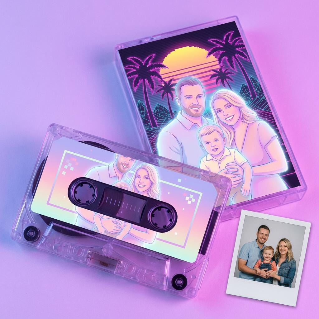 a family portrait with a sunset in the background, along with a cassette tape and a Polaroid photo of a family.