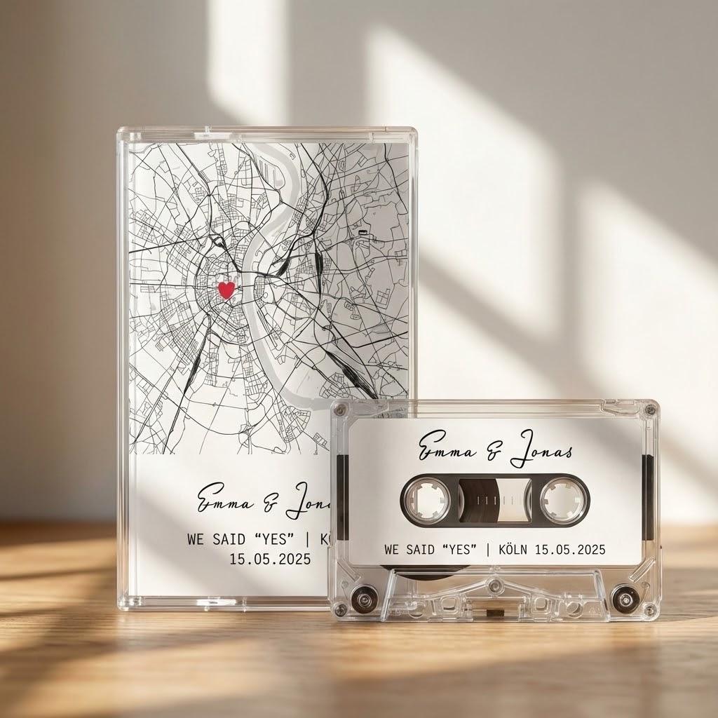 a clear case with a map of a city and a cassette tape with a label that reads "Emma & James" and "WE SAID "YES" / "YES" / KOLN 15.05.2025".