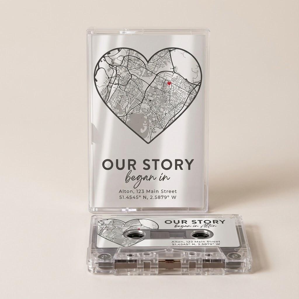 a heart-shaped map with the text "OUR STORY began in" and a location address, along with a cassette tape labeled "OUR STORY began in" and a location address.