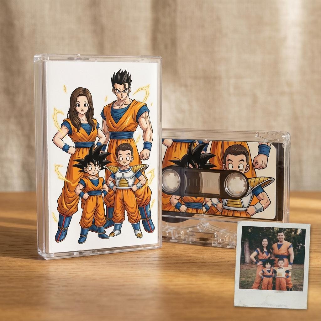 a cassette tape with a cartoon illustration of a family of four characters, likely from a popular anime or manga series. The tape is placed next to a Polaroid photo of a family, which appears to be a family portrait.
