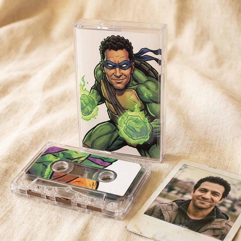 a cassette tape with a superhero illustration on it, along with a photograph of a man.