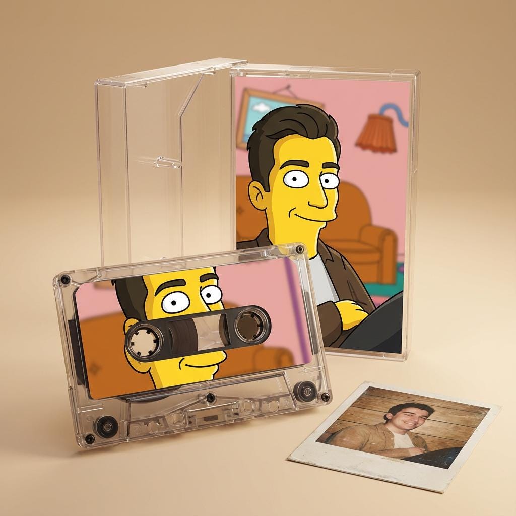 a cassette case with a cartoon character on it, along with a photograph of a man and a cassette tape.