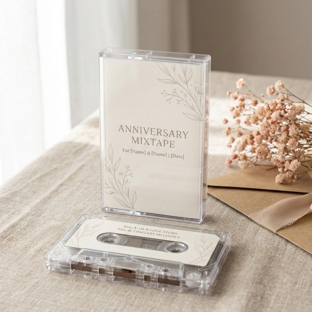a clear cassette tape with a floral design and text, placed next to a bouquet of pink flowers and a brown envelope on a beige surface.