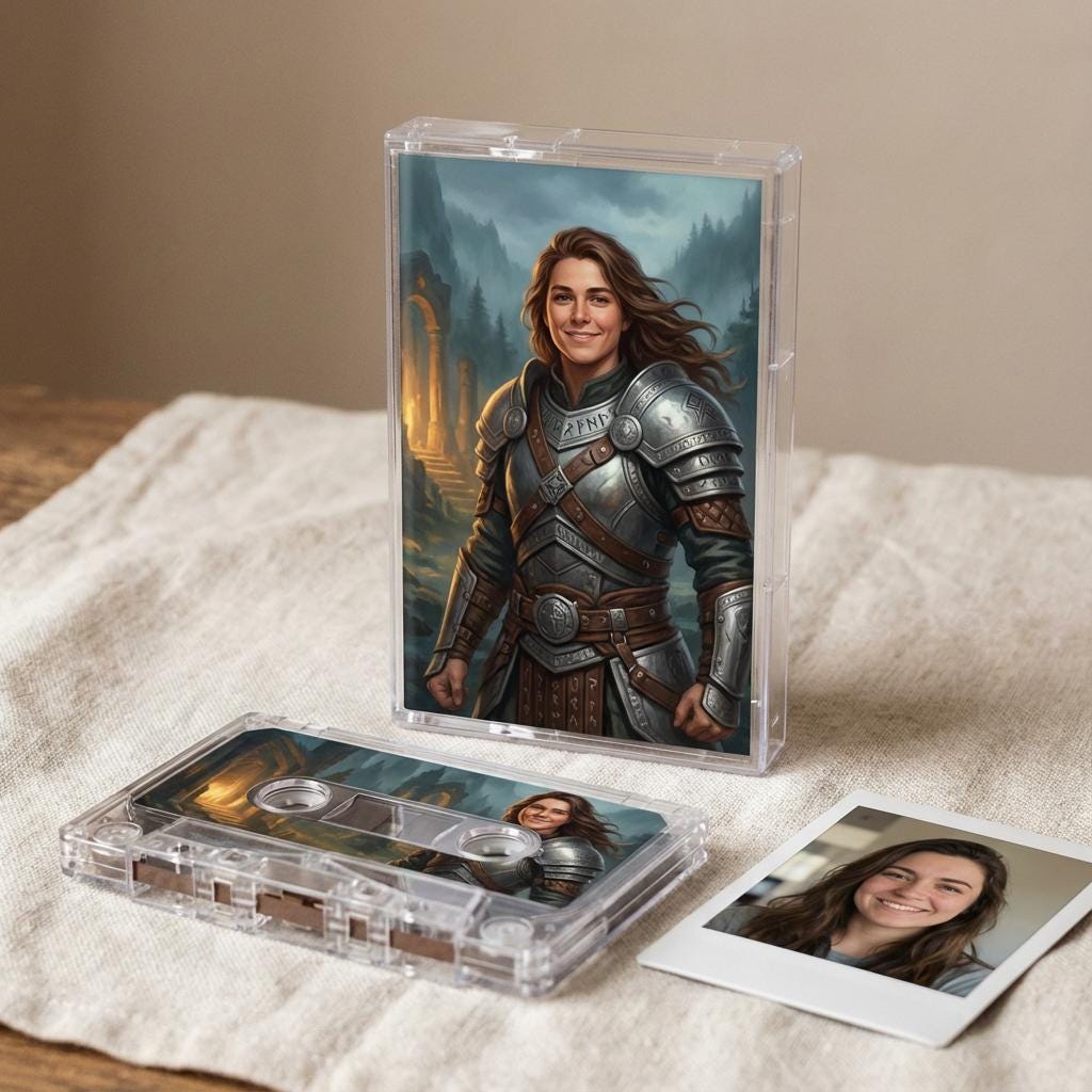 a woman in a medieval-style outfit, including a helmet and armor, standing in a fantasy setting with a castle in the background.