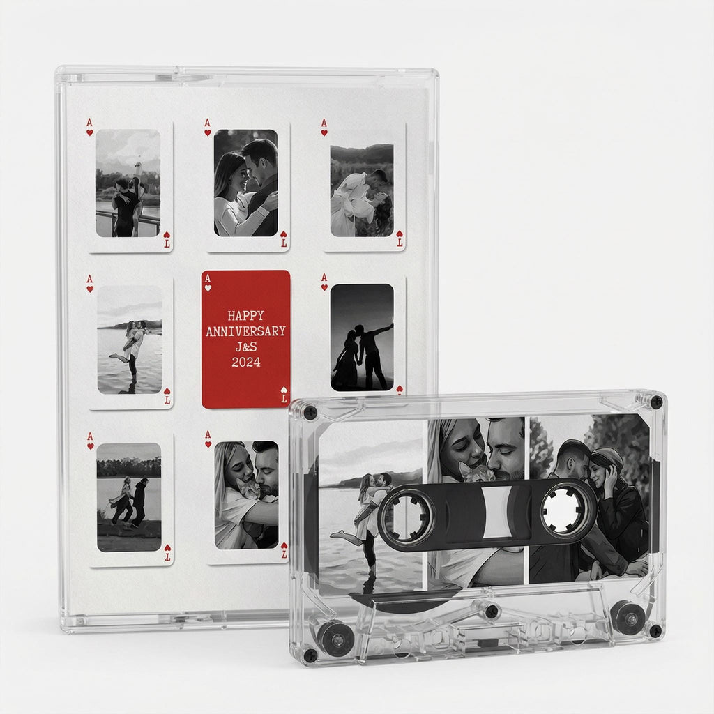 a photo album with a collection of black and white photographs, and a cassette tape with a photo of a couple on it.