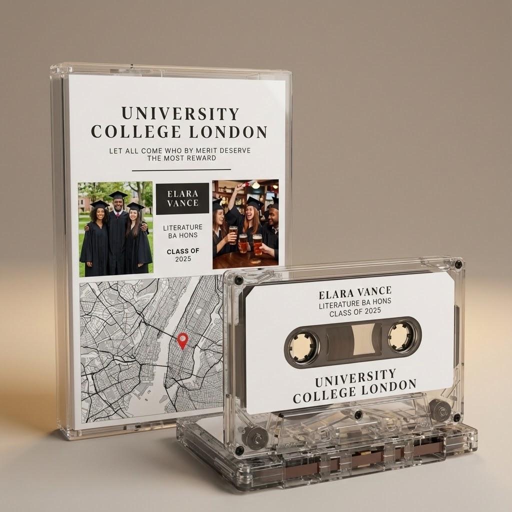 a graduation album and a graduation cassette, both related to university life and graduation ceremonies.