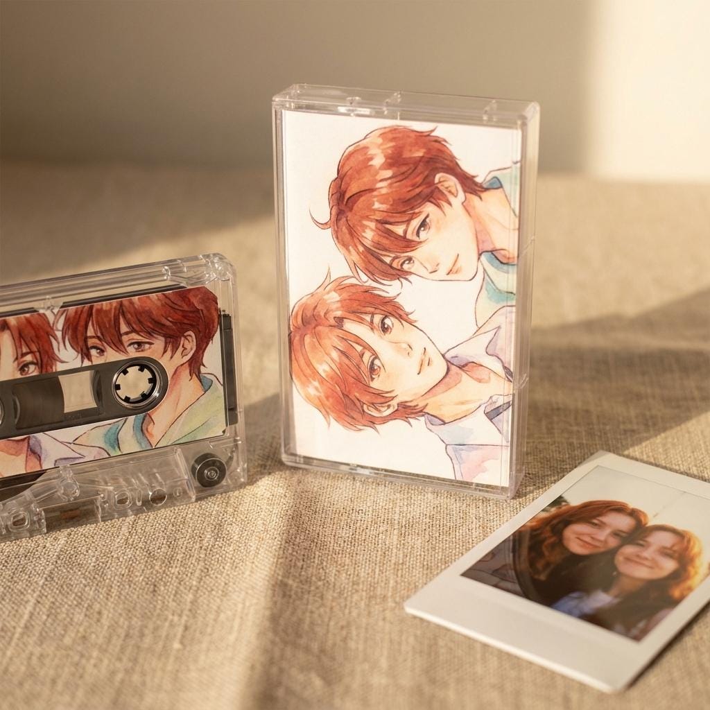a collection of three items: a cassette tape, a framed picture, and a Polaroid photo.
