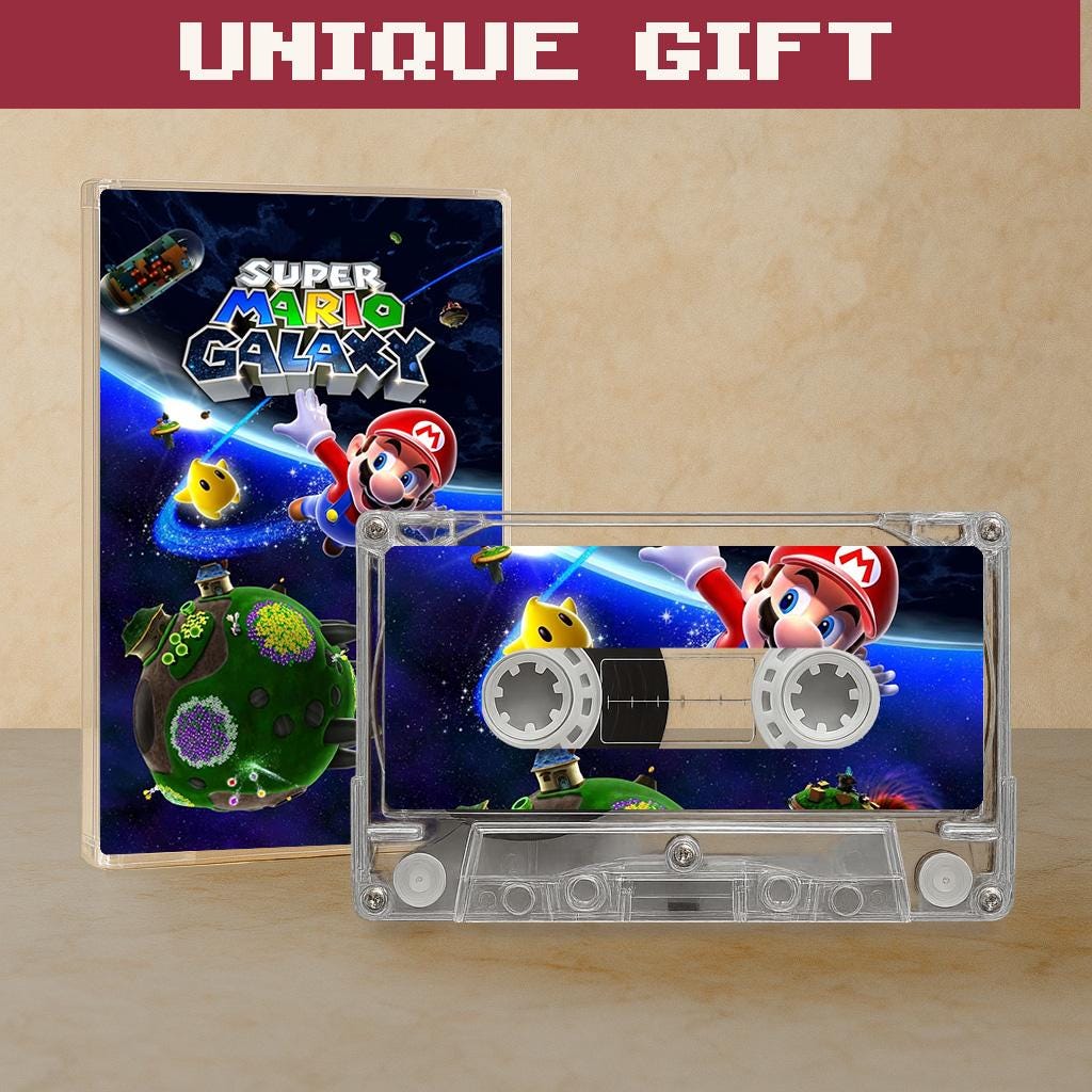 a video game cover for "Super Mario Galaxy" with Mario and other characters in a space-themed setting.