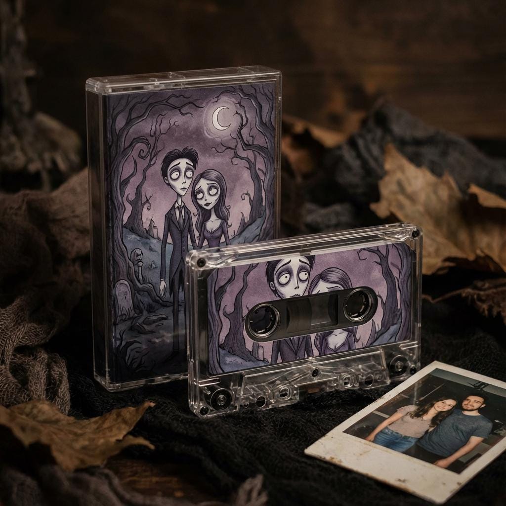 a cassette tape and a Polaroid photo, both with a spooky, gothic theme.